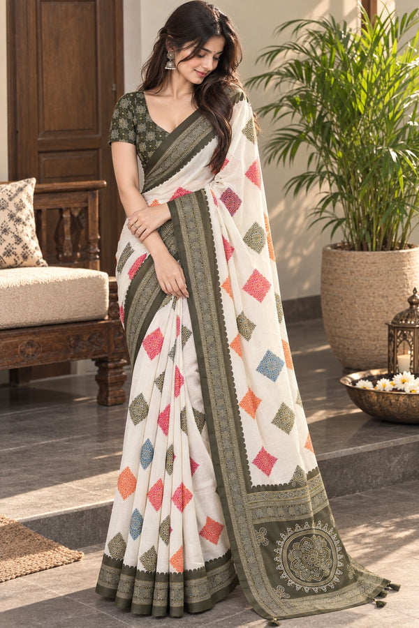 Off-White Cotton Silk Saree