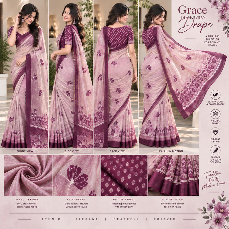 Soft Pastel Pink Printed Cotton Saree