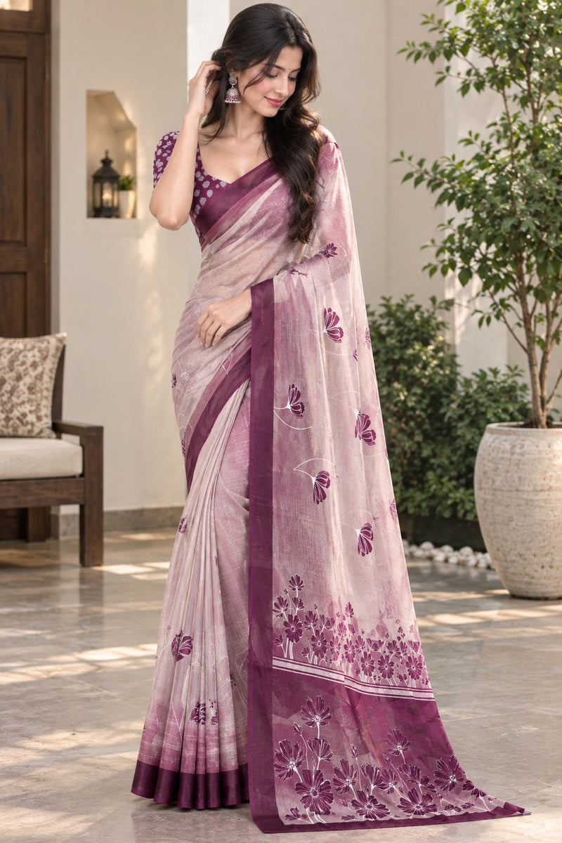 Soft Pastel Pink Printed Cotton Saree