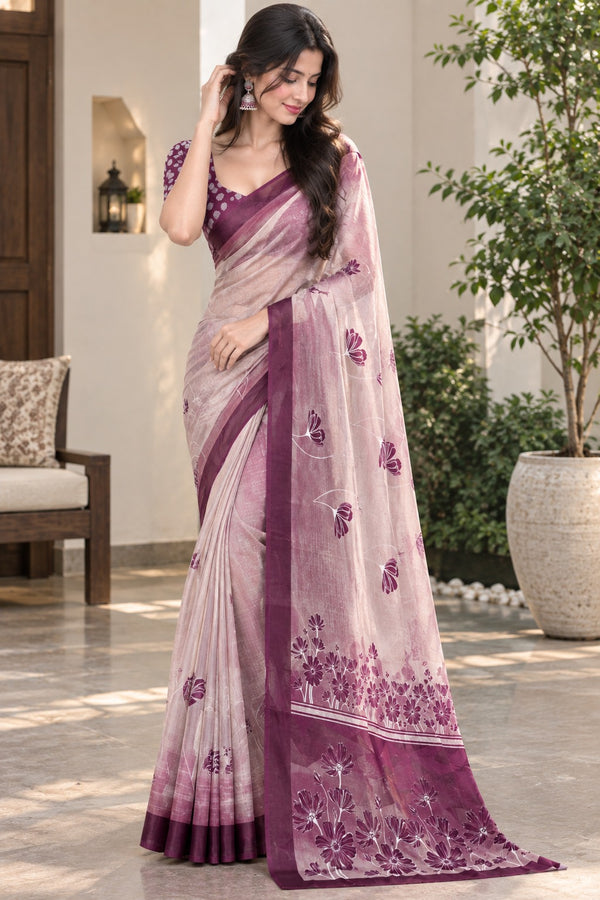 Soft Pastel Pink Printed Cotton Saree