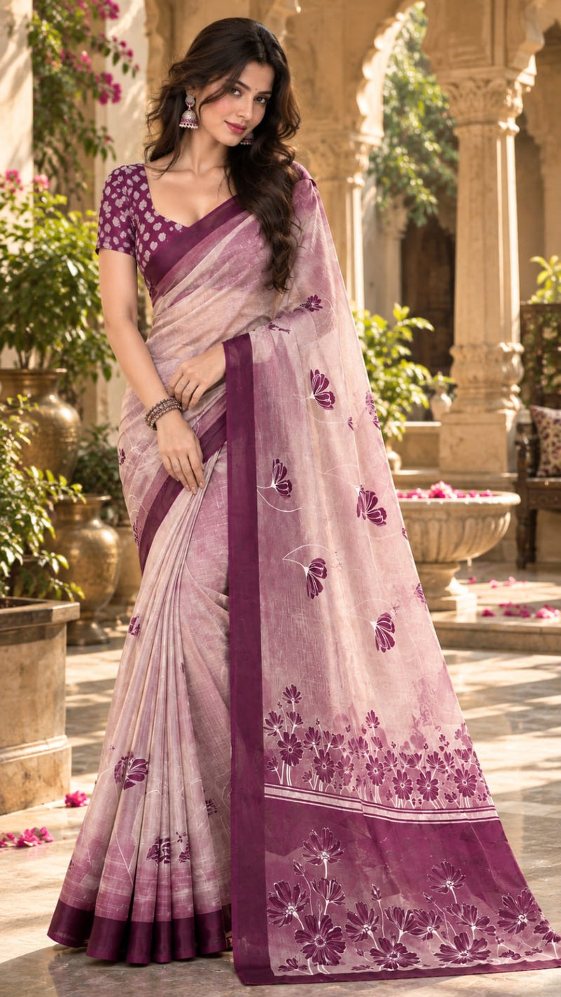 Soft Pastel Pink Printed Cotton Saree