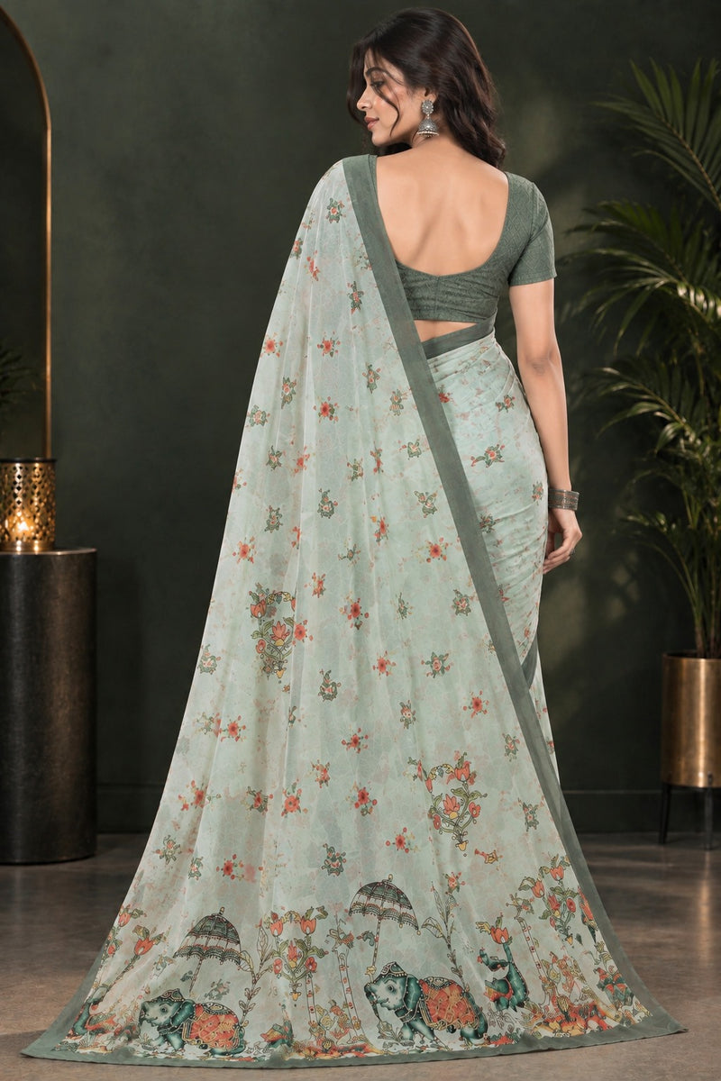 Sage Green Floral Printed Saree
