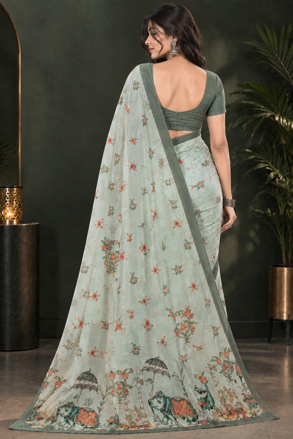 Sage Green Floral Printed Saree