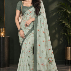 Sage Green Floral Printed Saree