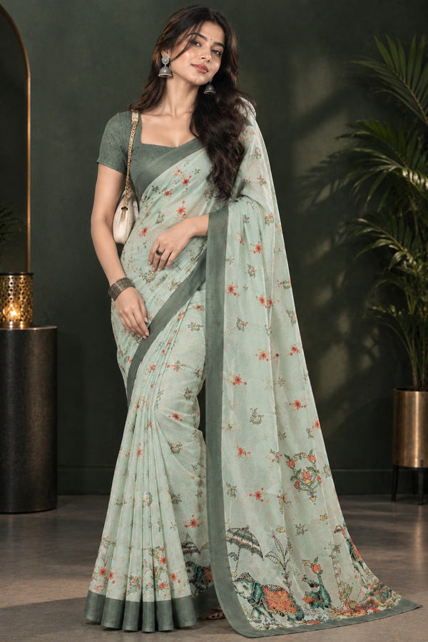 Sage Green Floral Printed Saree