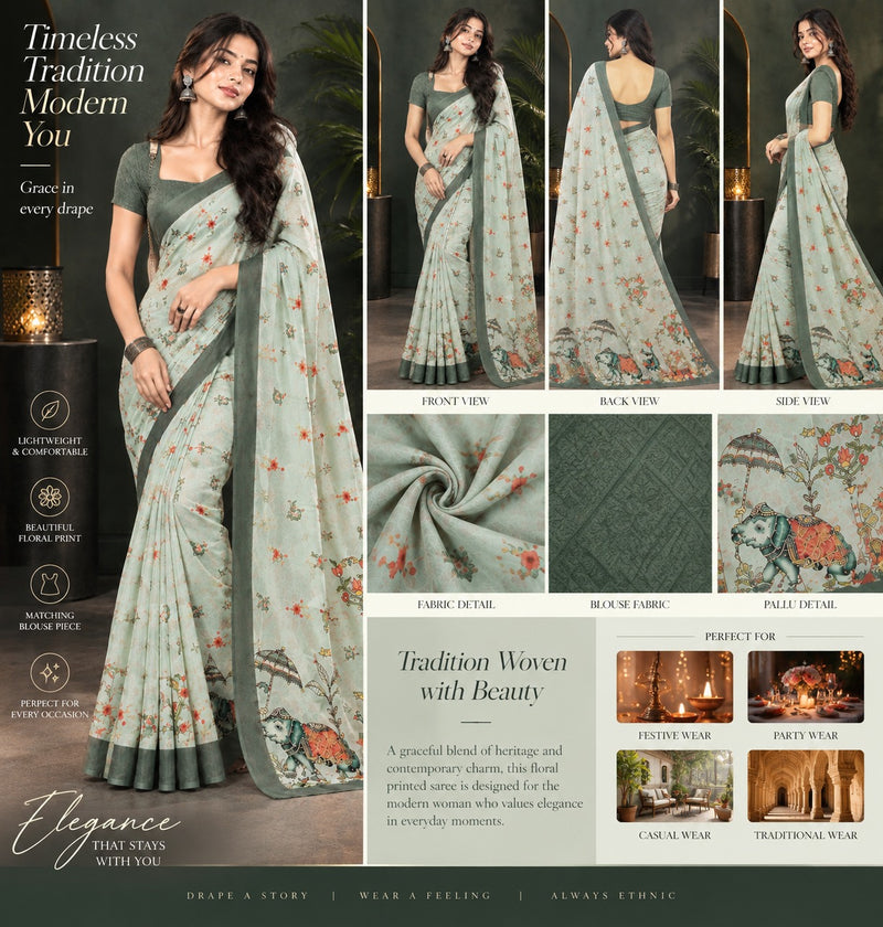 Sage Green Floral Printed Saree