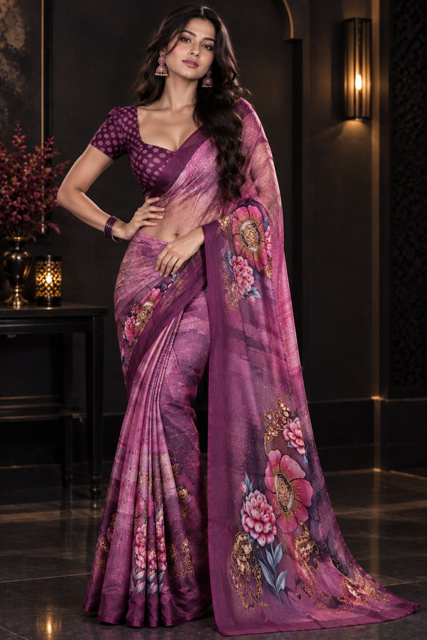 Plum Purple Printed Soft Silk Saree