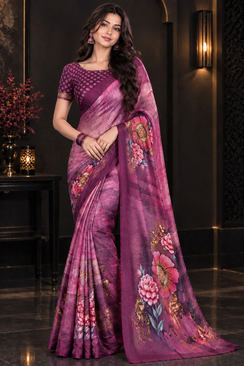 Plum Purple Printed Soft Silk Saree