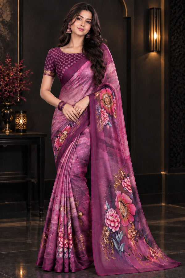 Plum Purple Printed Soft Silk Saree