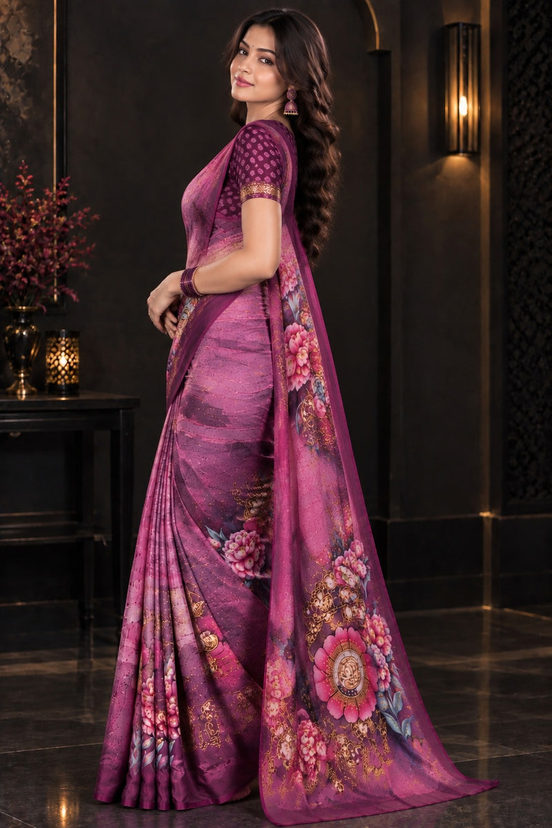 Plum Purple Printed Soft Silk Saree