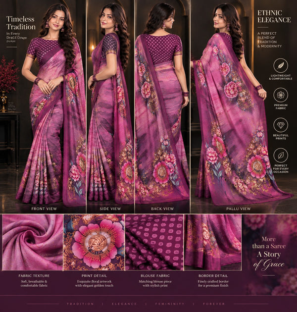 Plum Purple Printed Soft Silk Saree