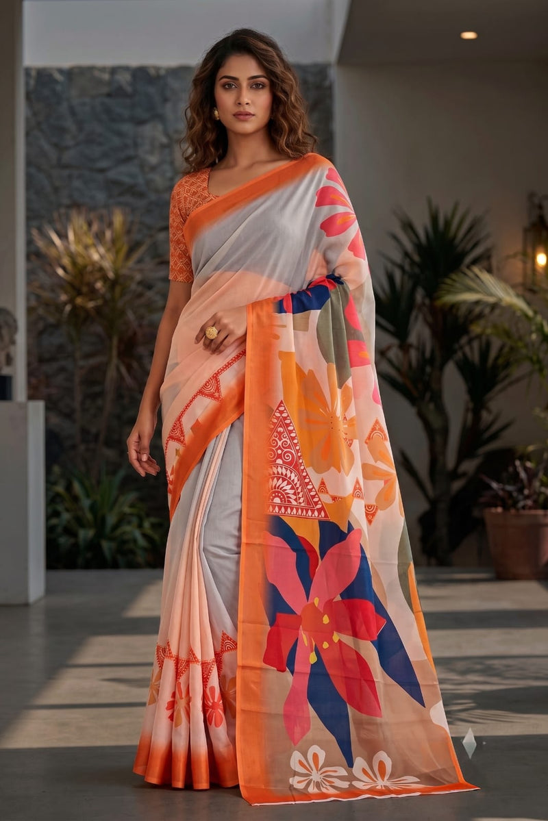Peach and Grey Dual-Tone Floral Printed Saree