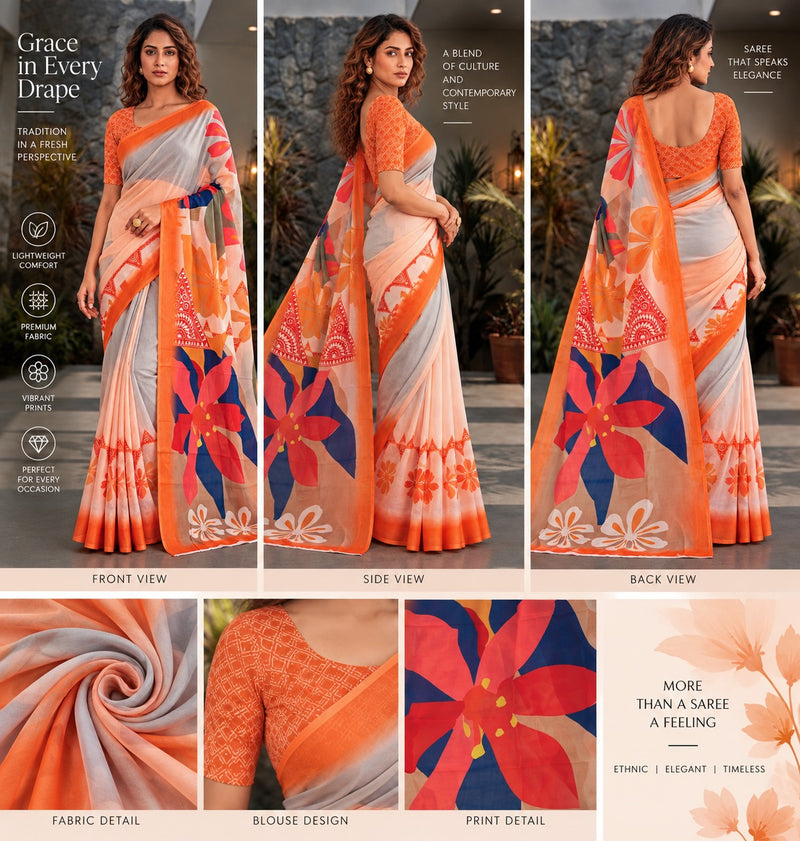Peach and Grey Dual-Tone Floral Printed Saree