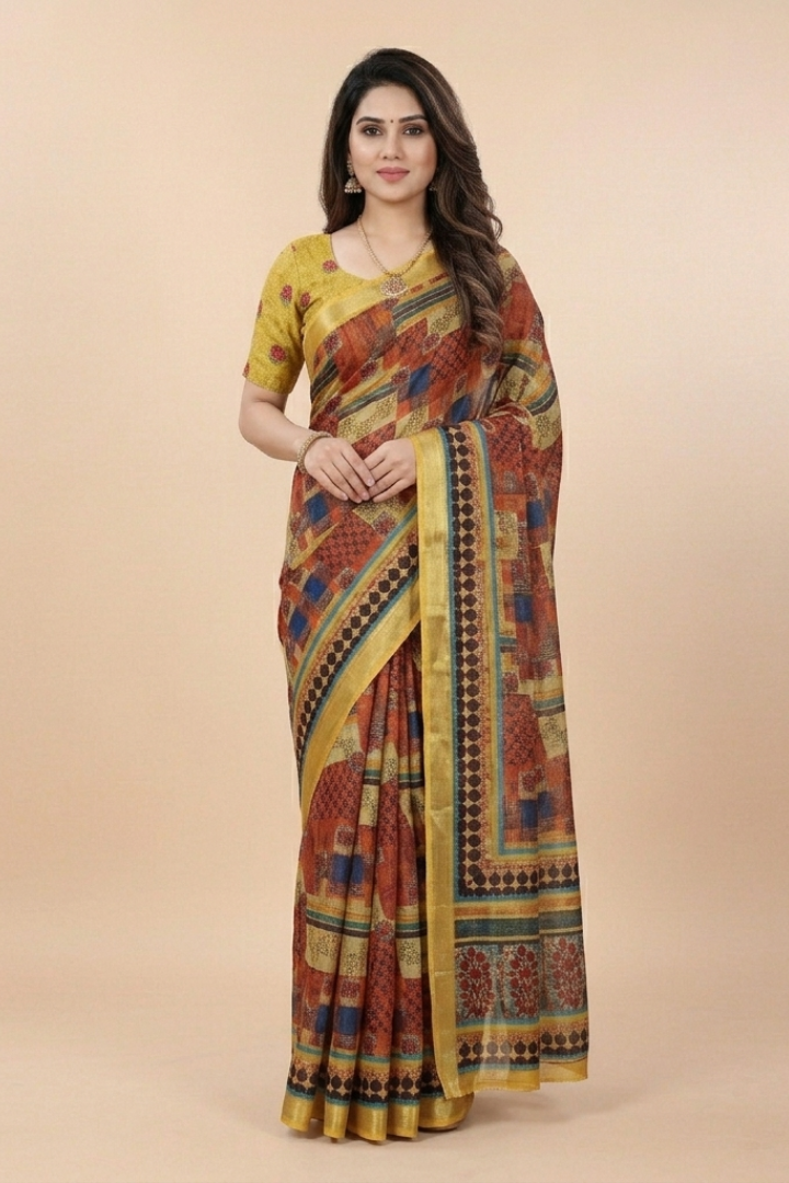 Midnight Blue Abstract Brushstroke Chiffon Silk Saree with Mosaic Borders