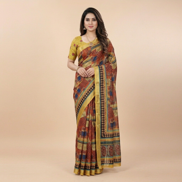 Midnight Blue Abstract Brushstroke Chiffon Silk Saree with Mosaic Borders