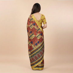 Midnight Blue Abstract Brushstroke Chiffon Silk Saree with Mosaic Borders