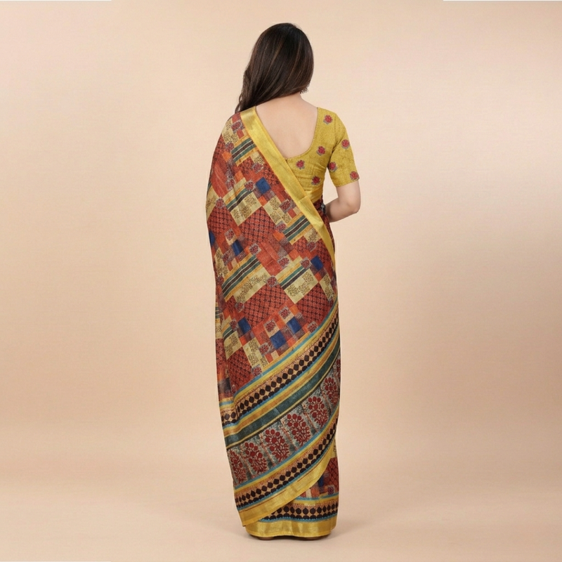Midnight Blue Abstract Brushstroke Chiffon Silk Saree with Mosaic Borders