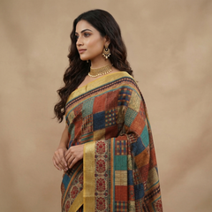 Midnight Blue Abstract Brushstroke Chiffon Silk Saree with Mosaic Borders