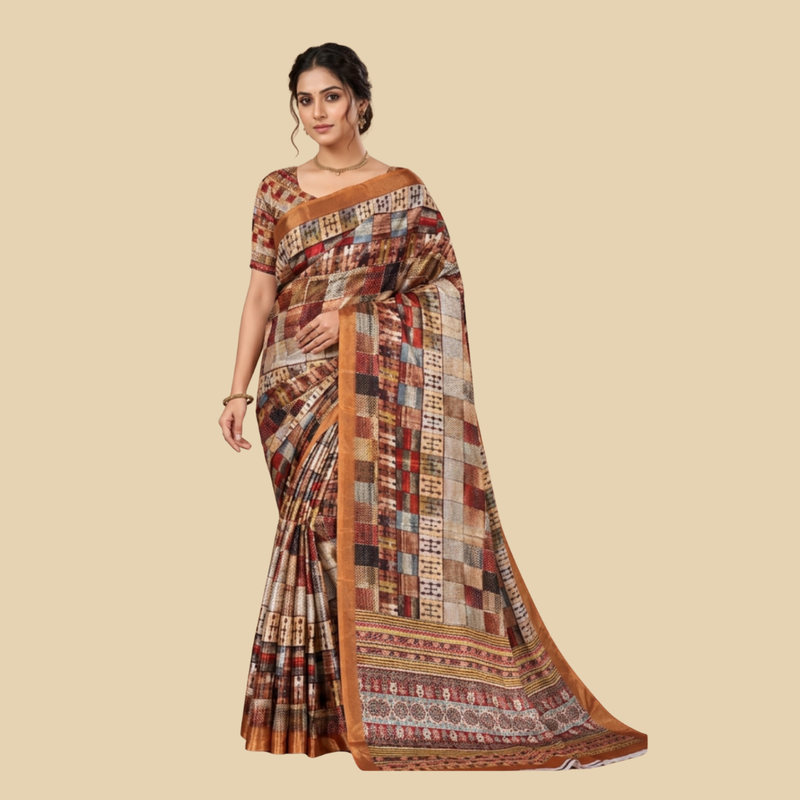 Earthy Multicolored Mosaic Print Chiffon Silk Saree with Copper Border