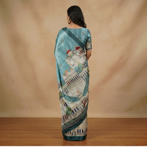 Steel Blue Chiffon Silk Saree with Palace Architecture & Peacock Digital Print