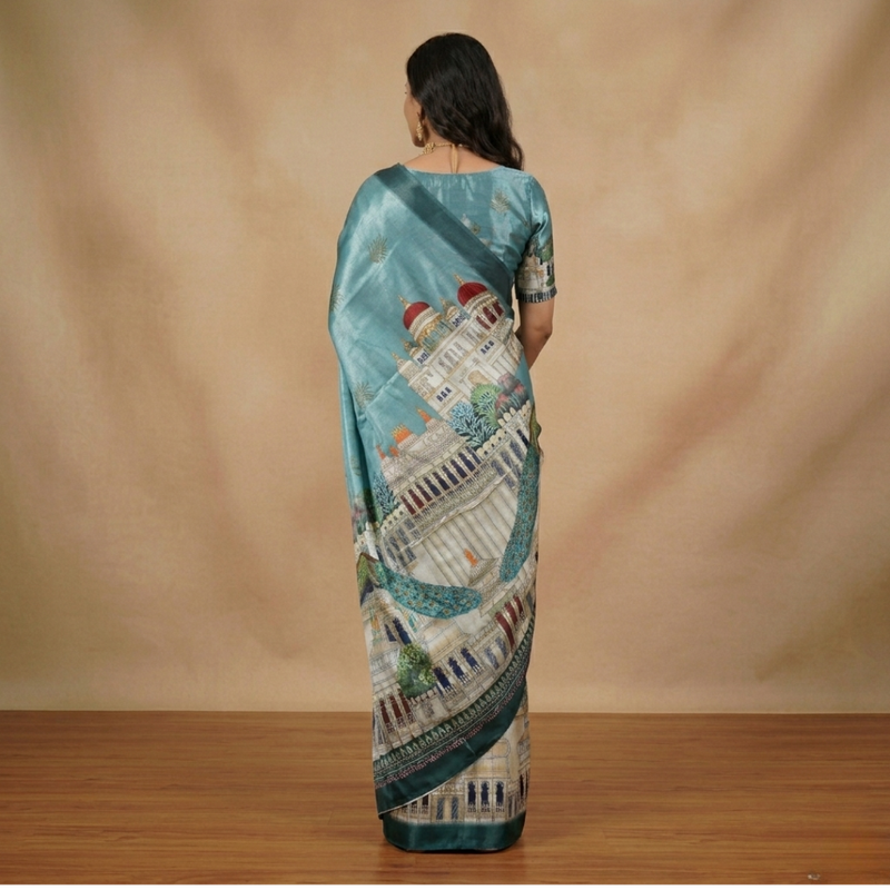 Steel Blue Chiffon Silk Saree with Palace Architecture & Peacock Digital Print