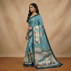 Steel Blue Chiffon Silk Saree with Palace Architecture & Peacock Digital Print