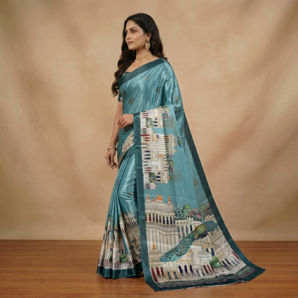 Steel Blue Chiffon Silk Saree with Palace Architecture & Peacock Digital Print