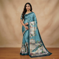 Steel Blue Chiffon Silk Saree with Palace Architecture & Peacock Digital Print