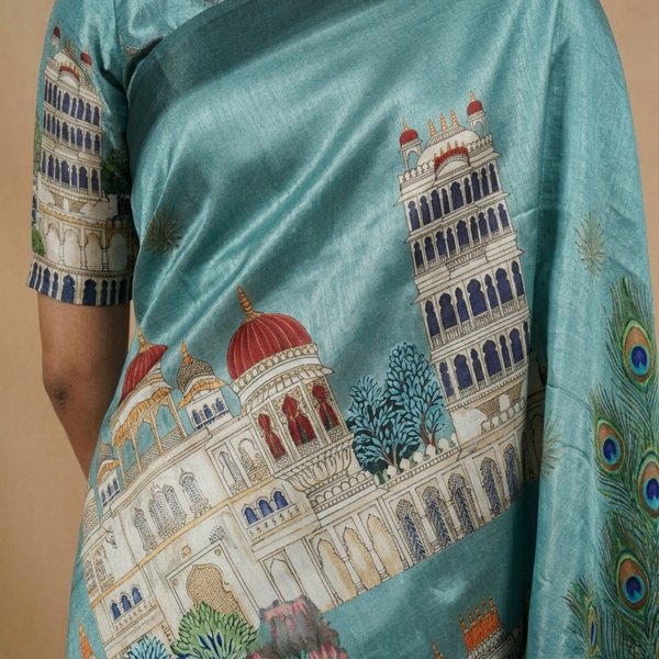 Steel Blue Chiffon Silk Saree with Palace Architecture & Peacock Digital Print