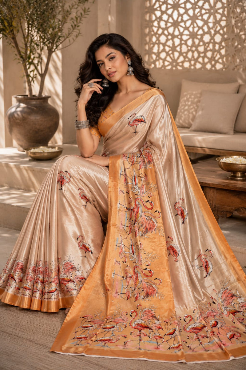 Champagne Satin Blend Flamingo Digital Print Party Wear Saree