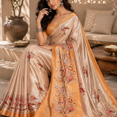 Champagne Satin Blend Flamingo Digital Print Party Wear Saree