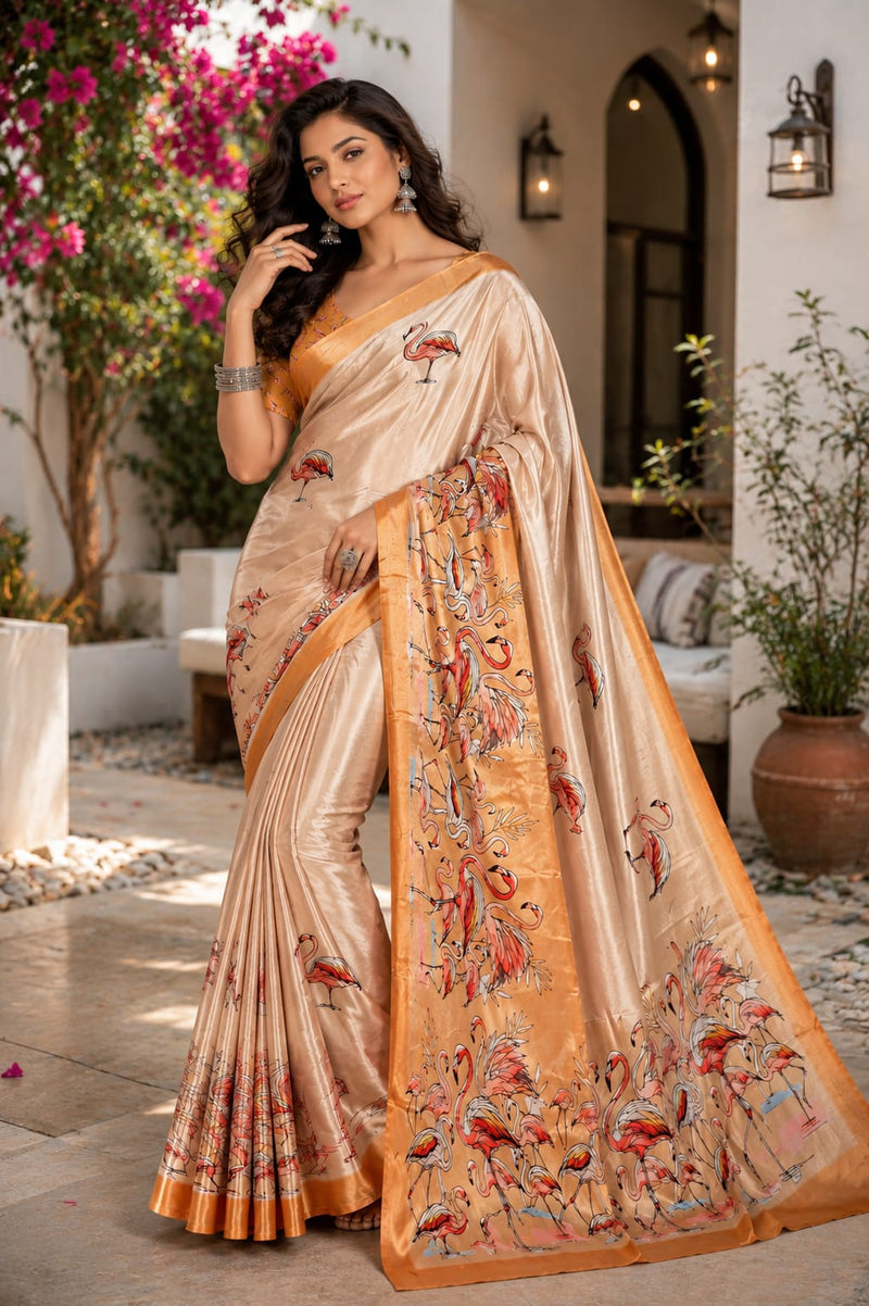 Champagne Satin Blend Flamingo Digital Print Party Wear Saree