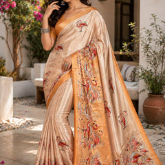 Champagne Satin Blend Flamingo Digital Print Party Wear Saree