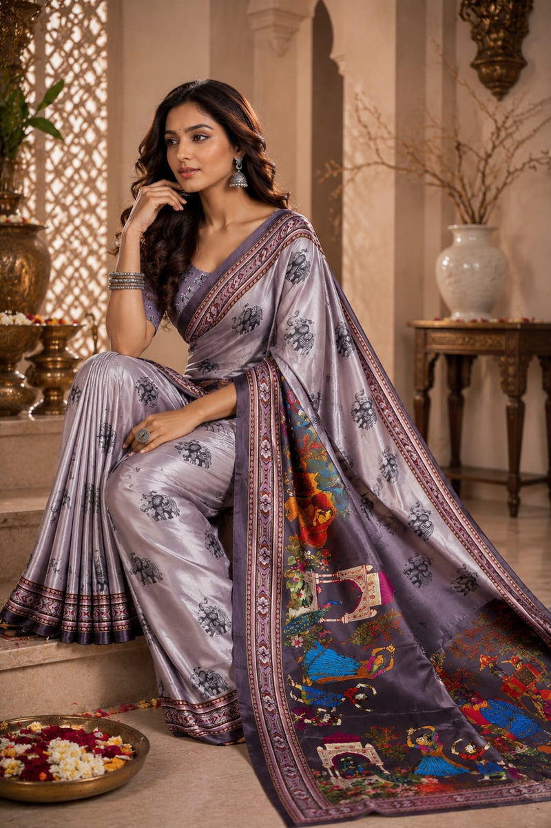 Silver Grey Satin Blend Elephant Print Festive Wear Saree
