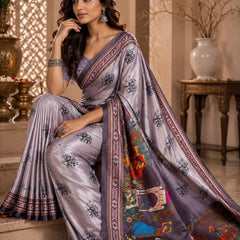 Silver Grey Satin Blend Elephant Print Festive Wear Saree