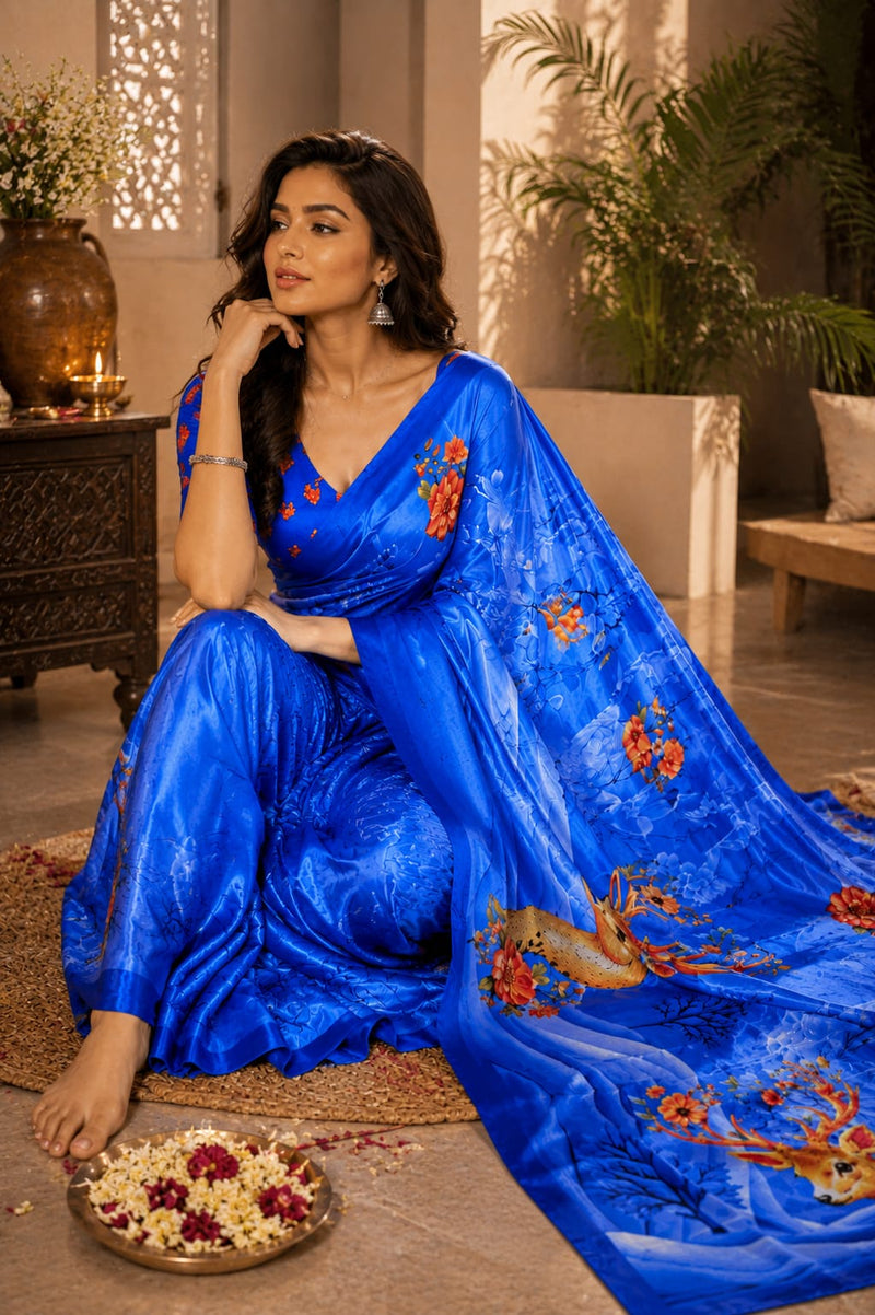 Royal Blue Satin Blend Deer Digital Print Party Wear Saree