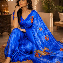 Royal Blue Satin Blend Deer Digital Print Party Wear Saree