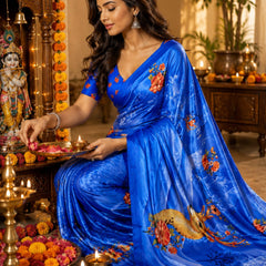 Royal Blue Satin Blend Deer Digital Print Party Wear Saree