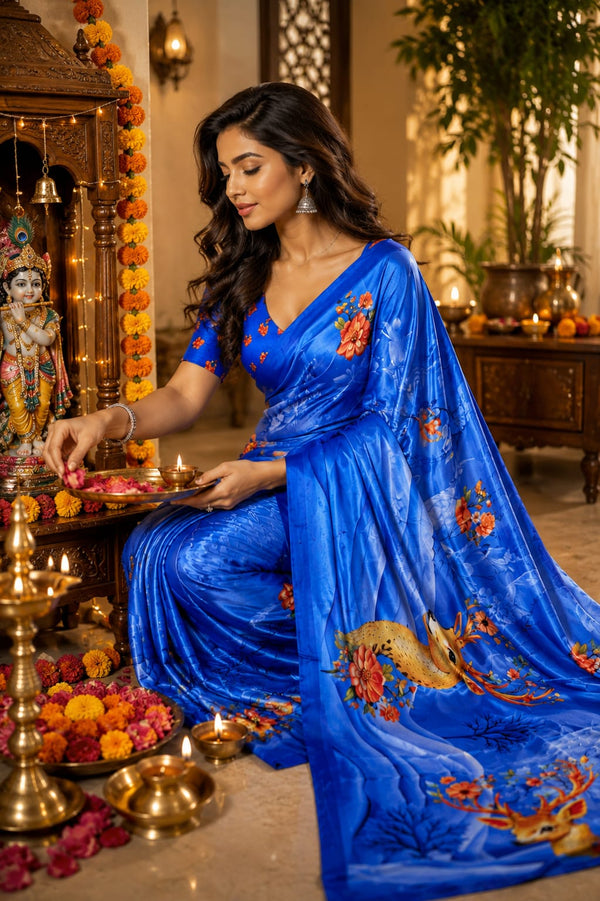 Royal Blue Satin Blend Deer Digital Print Party Wear Saree