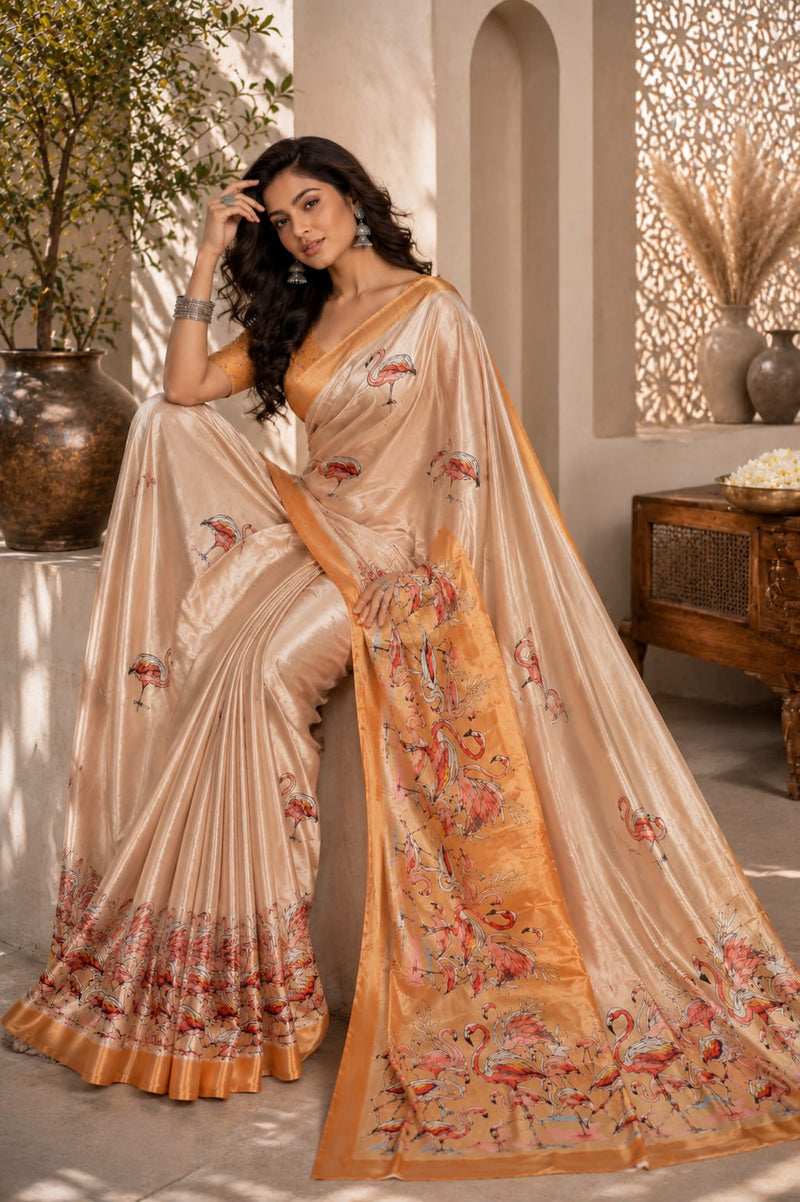 Champagne Satin Blend Flamingo Digital Print Party Wear Saree