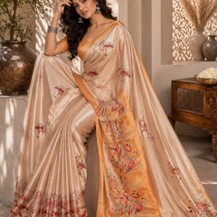 Champagne Satin Blend Flamingo Digital Print Party Wear Saree