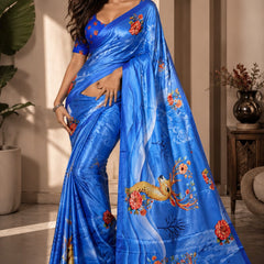 Royal Blue Satin Blend Deer Digital Print Party Wear Saree