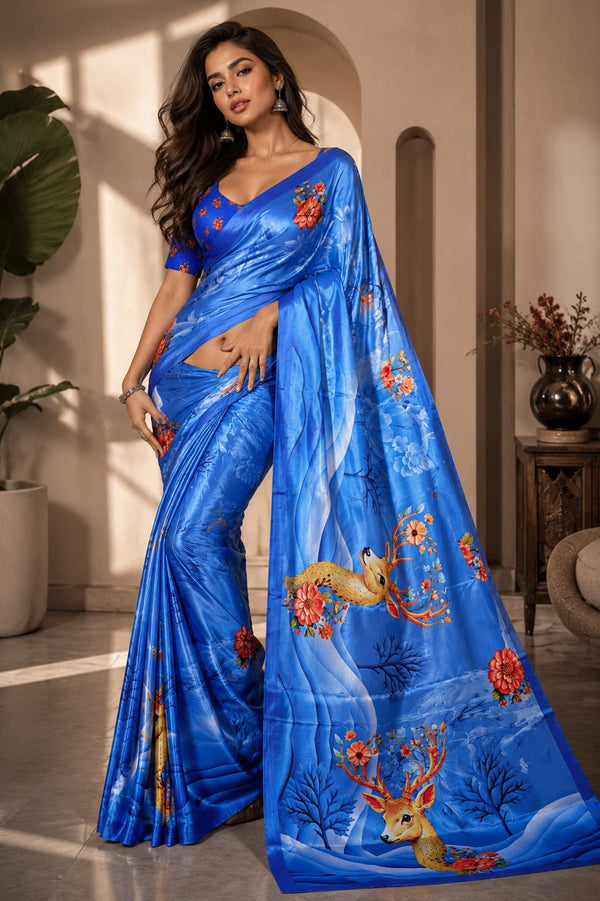 Royal Blue Satin Blend Deer Digital Print Party Wear Saree