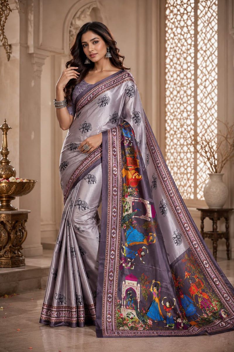 Silver Grey Satin Blend Elephant Print Festive Wear Saree
