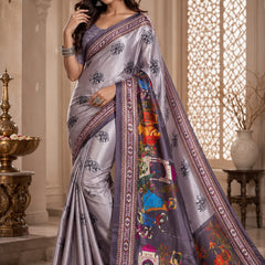 Silver Grey Satin Blend Elephant Print Festive Wear Saree