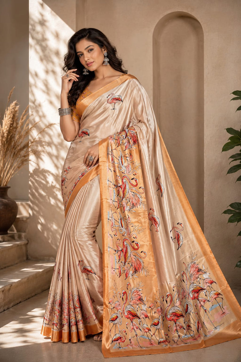 Champagne Satin Blend Flamingo Digital Print Party Wear Saree
