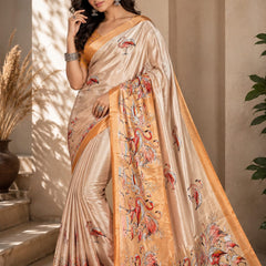 Champagne Satin Blend Flamingo Digital Print Party Wear Saree