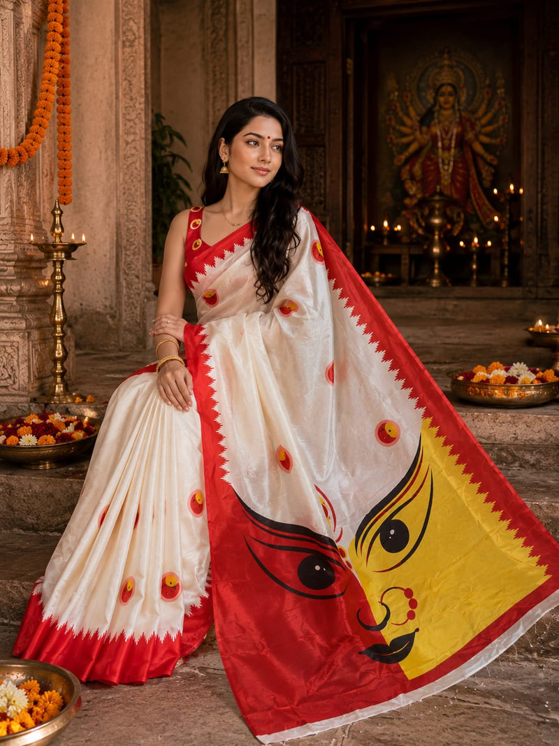 White Satin Blend Durga Face Print Festive Saree with Red Border