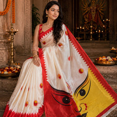 White Satin Blend Durga Face Print Festive Saree with Red Border