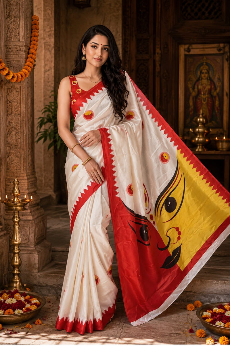 White Satin Blend Durga Face Print Festive Saree with Red Border